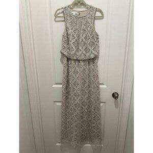London Times Maxi Dress Size 8 Sleeveless Crochet Elastic Waist w/ Lining Cream